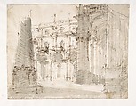 Street Scene with a Palace Façade and an Arcade, (recto) Fabrizio Galliari (Italian, Andorno 1709–1790 Treviglio), Pen and brown ink, brush and gray wash over traces of black chalk