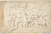 Landscape near Rome (recto); Fountain (verso), Anonymous, Dutch, 17th century, Pen and brown ink, brush and brown wash over traces of black chalk; framing lines in pen and brown ink; verso: pen, brown ink and some brush and brown wash over black chalk