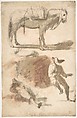 Sheet of Studies: A Horse Above, a Seated Man and a Reclining Man Below, Attributed to Micco Spadaro (Domenico Gargiulo) (Italian, Naples 1609/10–1675 Naples (?)), Pen and brown ink, brush and brown and a little red-brown wash