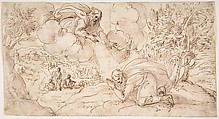 God the Father Appearing to a Kneeling Figure, Micco Spadaro (Domenico Gargiulo) (Italian, Naples 1609/10–1675 Naples (?)), Pen and brown ink, brush and violet wash