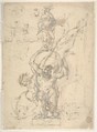 Reclining River God, a Goat's Head, and Studies of Heraldic Emblems (recto); Cavalier Standing on a Globe Supported by a Kneeling Giant (verso), Micco Spadaro (Domenico Gargiulo) (Italian, Naples 1609/10–1675 Naples (?)), Pen and brown ink (recto). Pen study of knight standing on a globe, supported by a kneeling giant (drawing visible through transparent lining) (verso)