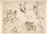 Studies of a Group of Seated Figures and of a Flying Figure, Micco Spadaro (Domenico Gargiulo) (Italian, Naples 1609/10–1675 Naples (?)), Pen and brown ink
