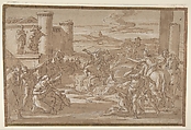 Marcus Curtius Leaping into the Chasm (recto); Study of a Seated Crowned Female Figure (verso), Luigi Garzi (Italian, Pistoia 1638–1721 Rome), Pen and brown ink, brush and brown wash, highlighted with white, on brownish paper (recto); red chalk study of a seated, crowned female figure (verso)