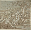 The Finding of Moses, attributed to Luigi Garzi (Italian, Pistoia 1638–1721 Rome), Pen and brown ink, brush and brown wash, highlighted with white, on gray-green paper