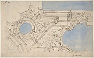 A Foreshortened View of a Ceiling Corner Decorated with Statues, Putti and Garlands, Attributed to Luigi Garzi (Italian, Pistoia 1638–1721 Rome), Pen and brown ink brush and blue wash over traces of black chalk