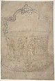 Design for a Bucket-Like Vessel with a Handle of Strapwork, on a Body Adorned with Dancing and Music-Making Antique-Style Figures, Girolamo Genga  Italian, Pen and brown ink, brush and gray-brown wash, over black chalk; traces of framing outline in pen and brown ink at bottom