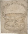 Design for a Bucket-Like Vessel with a Handle of Interlaced Figures, on a Body Adorned with Bucrania, Garlands, and Three River Gods, Girolamo Genga  Italian, Pen and brown ink, brush and brown wash, over black chalk; traces of framing outlines in pen and brown ink at left and bottom