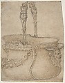 Design for a Bucket-Like Vessel with a Handle of Two Interlaced Captives, on a Body Adorned with a Scroll, Garland, and a Spout with a Satyr's Head, Girolamo Genga  Italian, Pen and brown ink, over black chalk; traces of framing lines in pen and brown ink and black chalk