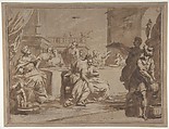 The Feast of Belshazzar, Antonio Gionima Italian, Pen and brown ink, brush and brown wash, highlighted with white, over black chalk, on brownish paper