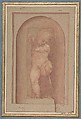 Putto Bending a Bow, Attributed to Giorgione (Italian, Castelfranco Veneto 1477/78–1510 Venice), Red chalk. Original sheet, 15.7 x 6.6 cm.; this has been made up (almost certainly by Pierre-Jean Mariette) to a sheet 23.7 x 15.2 cm. on which a base and a surrounding niche for the putto have been indicated in pen and brown ink, red chalk and brush and red wash