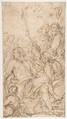 Fragment of a Composition with a Reclining Semi-Nude Man Surrounded by Soldiers and Other Onlookers in a Landscape, Attributed to Luca Giordano (Italian, Naples 1634–1705 Naples), Pen and brown ink. Squared for transfer in red chalk