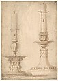 Design for Two Candlesticks with decorated Bases, ? Made by Giulio Romano (Italian, Rome 1499?–1546 Mantua), Pen and brown ink, brush and brown wash over traces of leadpoint