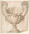 Design for a Decorated Drinking Cup with Floriated Heads around Large Mouth, Intertwined Serpents as Handles, Giulio Romano (Italian, Rome 1499?–1546 Mantua), Pen and brown ink, brush and brown wash over traces of black chalk; small corrections in white gouache