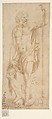 Neptune Holding a Trident and Standing on a Dolphin, Giulio Romano (Italian, Rome 1499?–1546 Mantua), Pen and brown ink, brush and brown wash, over black chalk