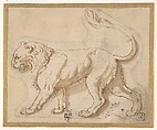 A Lion in Profile Facing to the Left ("Leo"), Giulio Romano Italian, Pen and brown ink, brush and brown wash, over black chalk