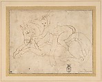 Winged Infant Riding a Crouching Horse, Giulio Romano Italian, Pen and brown ink