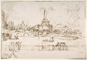 Figures Watching a Display of Fireworks at Castel Sant'Angelo, Rome (recto); A Distant View of the Fireworks Seen from a Villa Garden (verso), Giovanni Francesco Grimaldi (Italian, Bologna 1606–1680 Rome), Pen and brown ink (recto); pen and brown ink over leadpoint or graphite (verso)