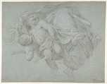Two Putti Supporting the Lower Part of a Draped Figure (recto); Two Putti (verso), Jacopo Guarana (Italian, Venice 1720–1808 Venice), Black chalk, highlighted with white chalk, on blue paper