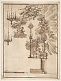 Design for an Altar for Easter Week Celebrations Decorated with Putti and Chandeliers, Jacopo Guarana (Italian, Venice 1720–1808 Venice), Pen and brown ink, brush and brown wash, over graphite; done freehand and with ruled construction; framing lines in pen and brown ink