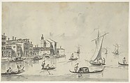 San Biagio on the Giudecca, Giacomo Guardi (Italian, Venice (?) 1764–1835 Venice (?)), Pen and brown ink, brush and gray wash, on pale gray paper