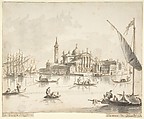 The Island of San Giorgio Maggiore, Venice, Giacomo Guardi (Italian, Venice (?) 1764–1835 Venice (?)), Pen and brown ink, brush and gray wash, over traces of black chalk. Framing lines in pen and brown ink
