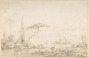 Lagoon Capriccio with an Obelisk, Francesco Guardi (Italian, Venice 1712–1793 Venice), Pen and brown ink, brush and  gray wash, over black chalk