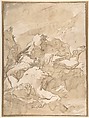The Good Samaritan, Giovanni Antonio Guardi (Italian, Vienna 1699–1766 Venice), Pen and brown ink, brush and brown wash, over black chalk; squared for transfer in black chalk; framing lines in pen and brown ink