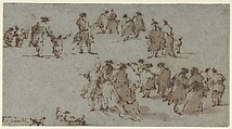 Studies for Groups of Walking Dressed Figures, Francesco Guardi  Italian, Pen and brown ink, brush and brown wash, on blue paper faded to blue-brown