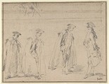 Figure Studies (recto); Figures Along a Canal and on a Bridge; to the right, a Curtain and a Stool (?) (verso), Francesco Guardi (Italian, Venice 1712–1793 Venice), Black chalk, the architecture drawn in pen and brown ink over black chalk on beige paper (recto). Framing lines in pen and brown ink. Black chalk (verso)