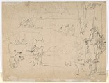Figure Studies (recto); Figures Along a Canal and on a Bridge; to the right, a Curtain and a Stool (?) (verso), Francesco Guardi (Italian, Venice 1712–1793 Venice), Black chalk, pen and brown ink, over black chalk on beige paper (recto); black chalk (verso); framing lines in pen and brown ink