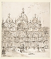 View of Piazza with Basilica of San Marco, Francesco Guardi (Italian, Venice 1712–1793 Venice), Pen and brown ink, brush and brown wash. Framing lines in pen and brown ink at left and right margins. Pricked for transfer