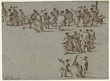 Studies of Walking Figures, Francesco Guardi Italian, Pen and brown ink, brush and brown wash, on blue paper faded to blue-brown. Another figure in black chalk at lower left of drawing