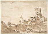 Lagoon Capriccio with a Tower, Francesco Guardi (Italian, Venice 1712–1793 Venice), Pen and brown ink, brush and  brown wash, over black chalk