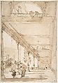 Architectural Capriccio: A Palace Colonnade, Francesco Guardi Italian, Pen and brown ink, brush and brown wash, over black chalk; framing lines in pen and brown ink