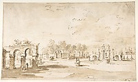 Gardens of the Villa Correr, near Strà (recto); Study for The Transverberation of Saint Teresa of Jesus and a Study of Hands (verso), Francesco Guardi (Italian, Venice 1712–1793 Venice), Pen and brown ink, brush and brown wash, over charcoal (recto). Framing lines in pen and brown ink; charcoal (verso)