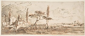 The Island of Anconetta (recto); Two Feet Wearing Pointed Shoes (verso), Francesco Guardi (Italian, Venice 1712–1793 Venice), Pen and brown ink, brush with brown and gray wash, over red chalk (recto); at upper border appear two feet wearing pointed shoes, pricked for transfer and executed in brush and brown, blue, and yellow wash (verso)