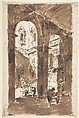 Architectural Capriccio: Courtyard of a Palace, Francesco Guardi Italian, Pen and brown ink, brush and brown wash, over graphite or lead or black chalk. Framing lines in pen and brown ink. A few red chalk marks