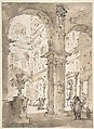 Architectural Capriccio: Courtyard of a Palace (recto); Saint Aloysius Gonzaga Holding a Crucifix (verso), Francesco Guardi (Italian, Venice 1712–1793 Venice), Pen and brown ink, brush and brown wash, over black chalk (recto); graphite (verso)