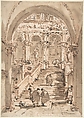 The Staircase of the Giants, Ducal Palace, Venice, Francesco Guardi  Italian, Pen and brown ink, brush and brown wash, over red chalk. Selectively pricked holes for the construction of straight lines