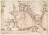 Architectural Capriccio: Vaulted Colonnade of a Palace, Francesco Guardi  Italian, Pen and brown ink, over red chalk
