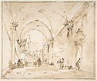 Architectural Capriccio: Vaulted Passageway Leading to a Square, Francesco Guardi  Italian, Pen and brown ink, brush and brown wash, over black chalk; framing lines in pen and brown ink