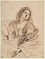 A Sibyl Holding a Scroll (Study for the Cimmerian Sibyl), Guercino (Giovanni Francesco Barbieri) (Italian, Cento 1591–1666 Bologna), Pen and dark brown ink