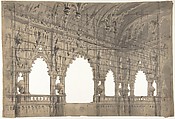 Design for a Stage Set at the Opéra, Paris: Church Interior, Eugène Cicéri (French, Paris 1813–1890 Fontainebleau), Pen and gray, red, and black ink, brush and gray wash, over graphite
