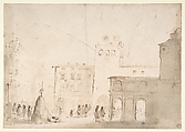 Fireworks in a Piazza, Guercino (Giovanni Francesco Barbieri) (Italian, Cento 1591–1666 Bologna), Pen and brown ink, brush with gray and brown wash, over traces of leadpoint (?)
