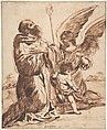Saint with Angel and Putto, After Guercino (Giovanni Francesco Barbieri) (Italian, Cento 1591–1666 Bologna), Pen and brown ink, brush and dark brown ink, over leadpoint.