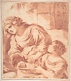 Woman Soaking a Cloth in a Bowl Held by a Girl (copy from Guercino's Saint Sebastian Tended by Irene), After Guercino (Giovanni Francesco Barbieri) (Italian, Cento 1591–1666 Bologna), Red chalk