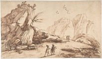 Rocky Landscape with Eight Figures, Imitator of Guercino (Giovanni Francesco Barbieri) (Italian, Cento 1591–1666 Bologna), Pen and dark brown ink, brush and dark brown ink.