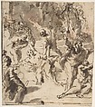 The Martyrdom of the Apostle Thomas, Giovanni Lanfranco Italian, Pen and brown ink, brush and brown wash, spots of red wash at upper right and left