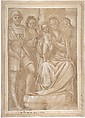 The Virgin and Child with Saint Roch and Two Other Male Saints, Attributed to Bernardino Lanino (Italian, Vercelli or Mortara 1509/13– 1582/83 Vercelli), Pen and brown ink, brush and brown wash, highlighted with white, over black chalk, on brown-washed paper; traces of squaring in black chalk