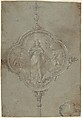 Drawing for a Standard with Christ in Glory Flanked by Putti, Anonymous, Italian, Florentine, 16th century, Black chalk highlighted with white gouache, with some brown ink wash on blue paper, laid down